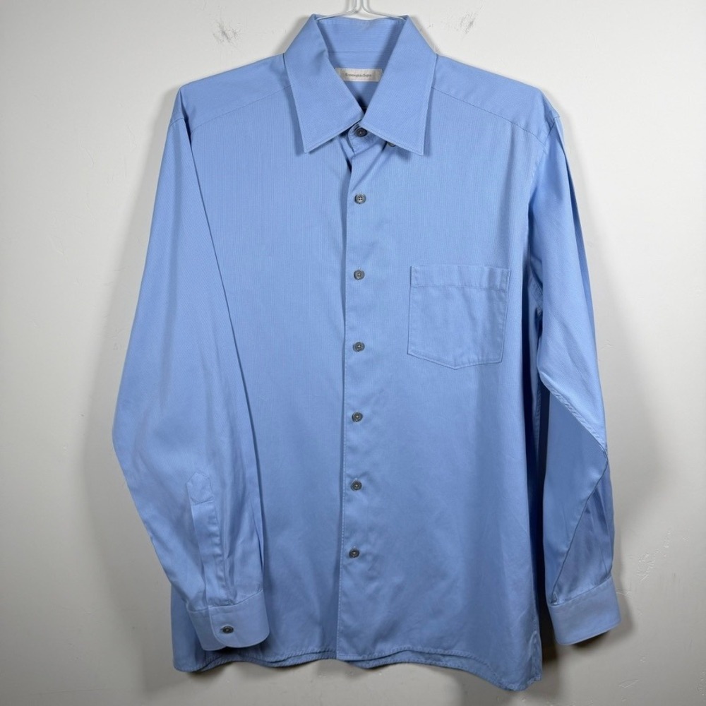 Ermenegildo Zegna Button Up Dress Shirt Large Blue Textured Long Sleeve Cotton